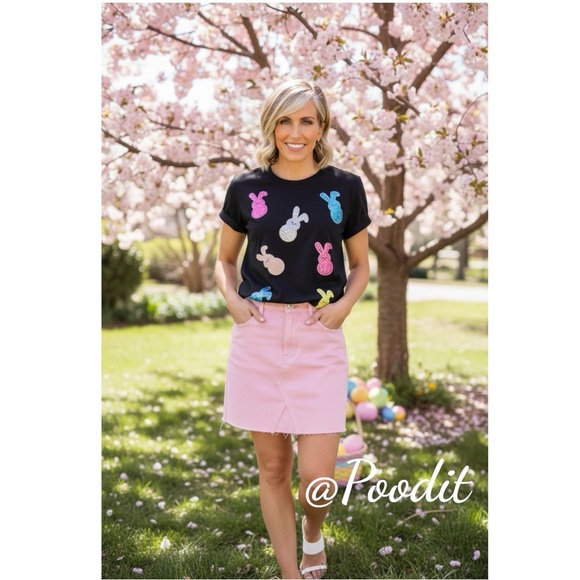 poodit Tops - Sequin bunny black soft loose fit Easter holiday tee L XL 2XL